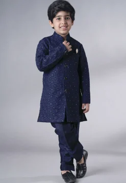 Embroidered Georgette Sherwani Set in Navy Blue