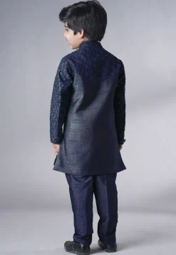 Embroidered Georgette Sherwani Set in Navy Blue