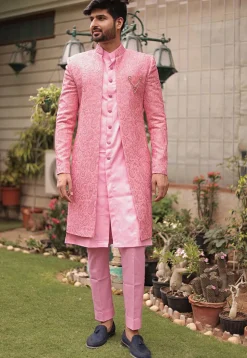 Embroidered Georgette Sherwani in Light Pink