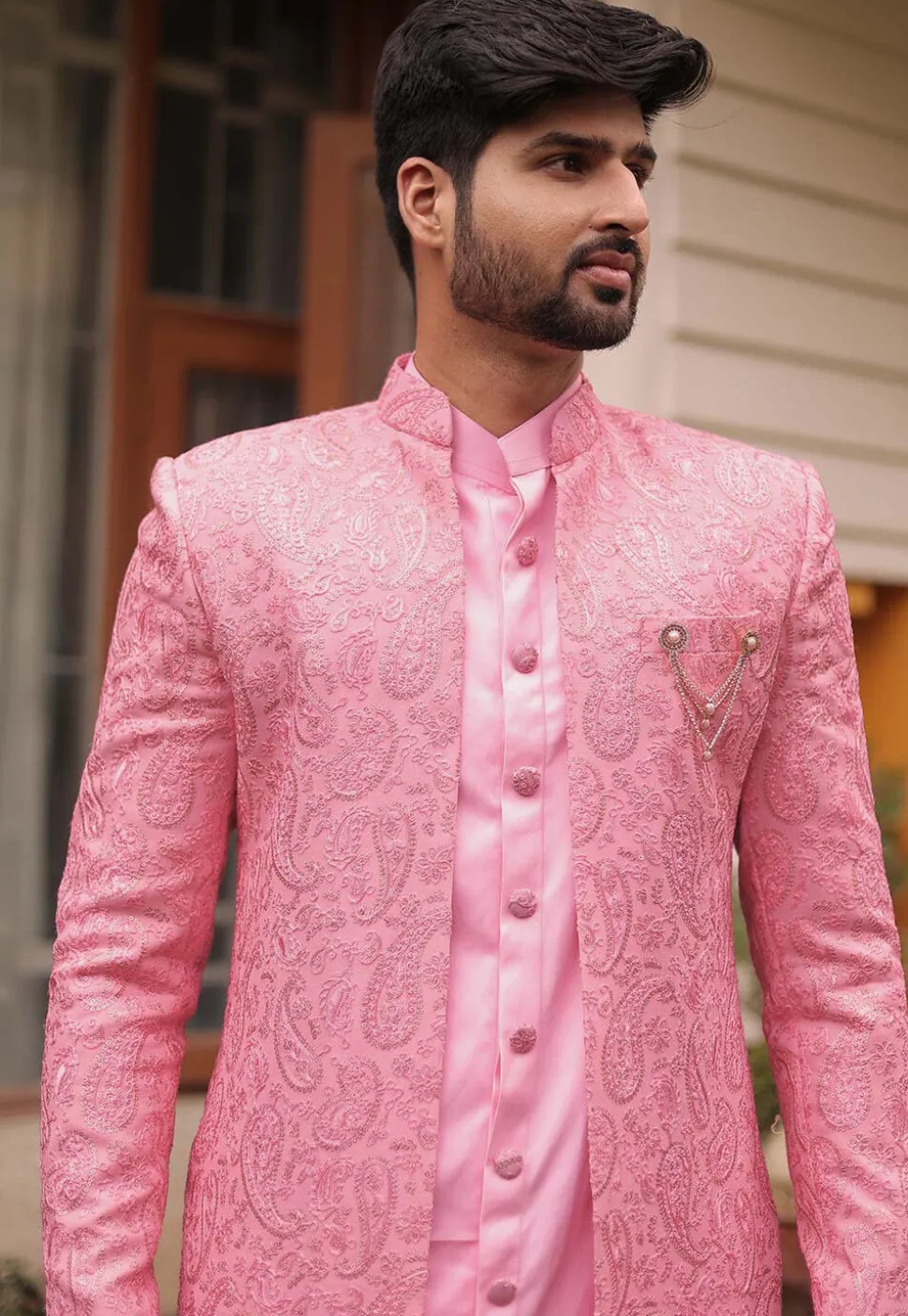 Embroidered Georgette Sherwani in Light Pink