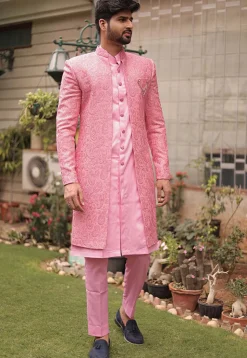 Embroidered Georgette Sherwani in Light Pink