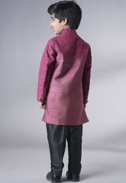 Embroidered Georgette Sherwani Set in Dark Pink
