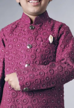Embroidered Georgette Sherwani Set in Dark Pink