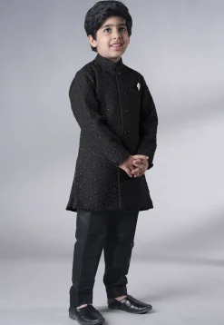 Embroidered Georgette Sherwani Set in Black
