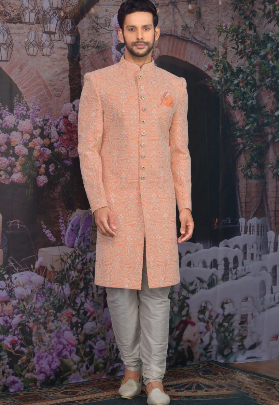 Embroidered Georgette Sherwani in Pastel Orange