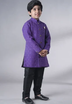 Embroidered Georgette Sherwani Set in Dark Purple
