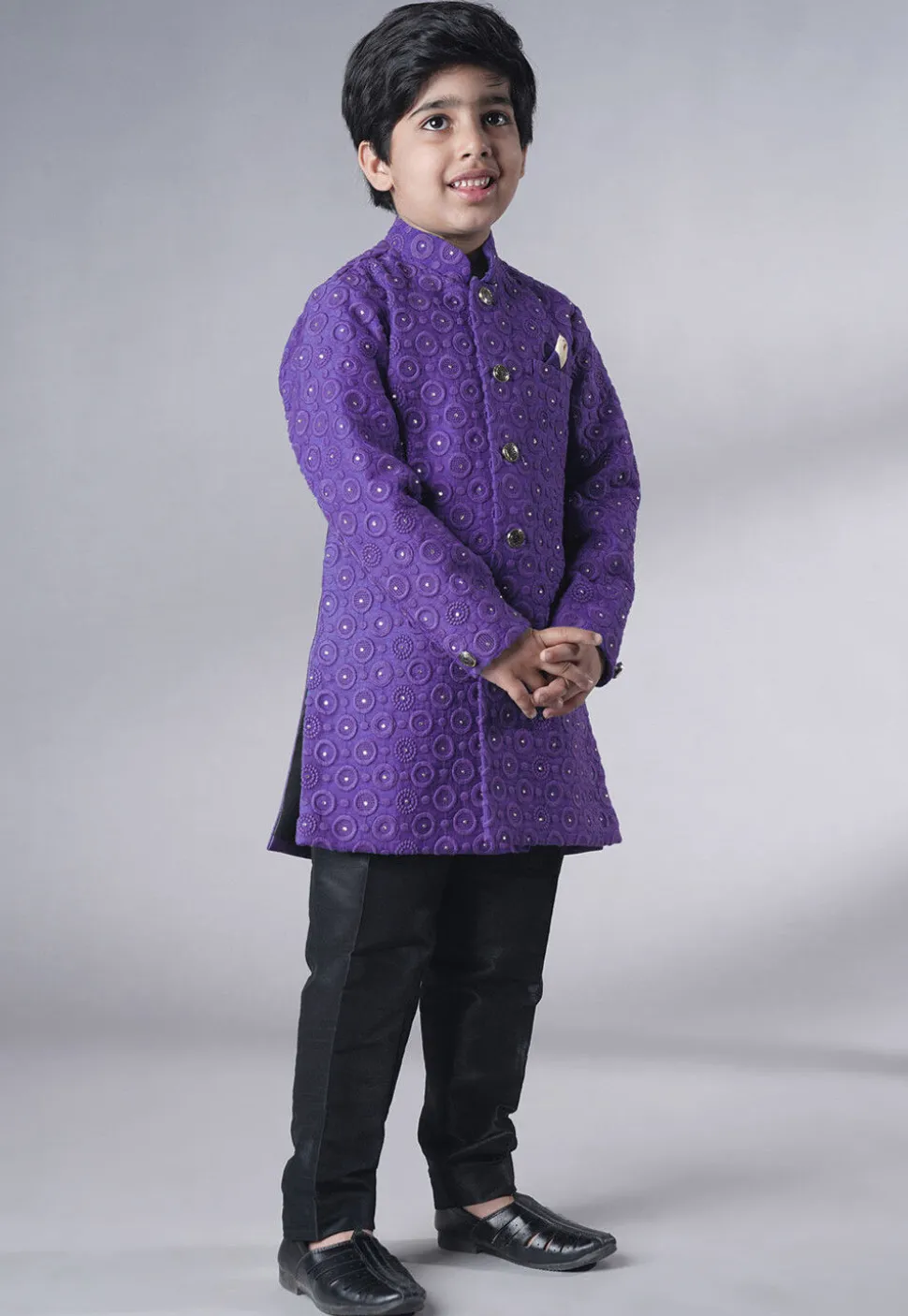 Embroidered Georgette Sherwani Set in Dark Purple