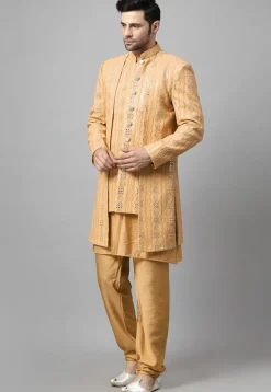 Embroidered Georgette Sherwani in Light Beige
