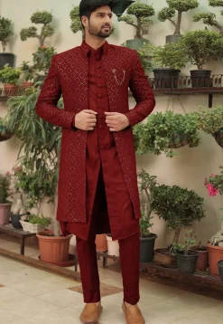 Embroidered Georgette Sherwani in Maroon