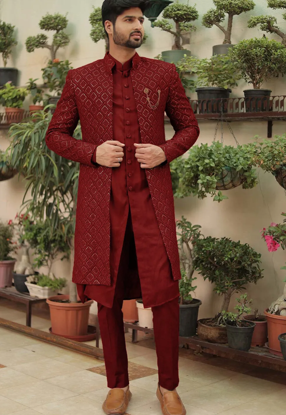 Embroidered Georgette Sherwani in Maroon
