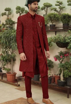 Embroidered Georgette Sherwani in Maroon