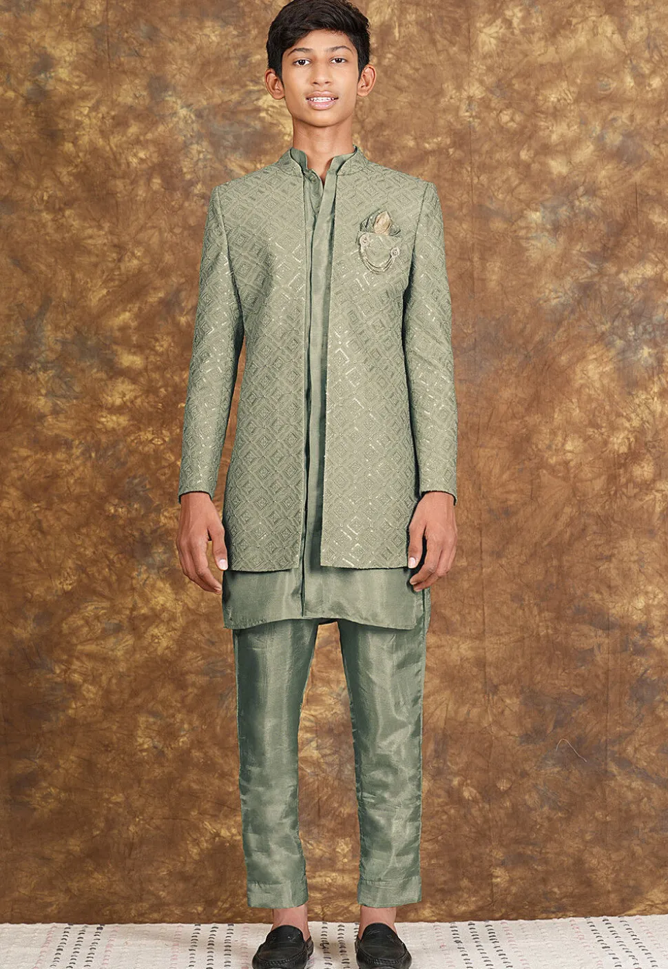 Embroidered Georgette Sherwani in Dusty Green