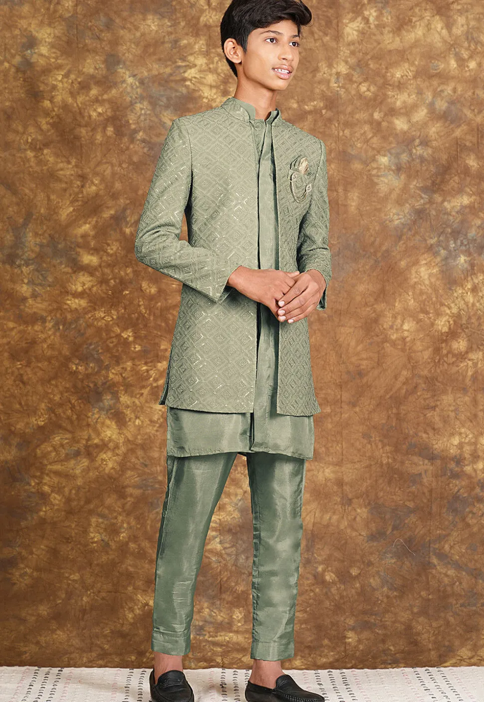 Embroidered Georgette Sherwani in Dusty Green
