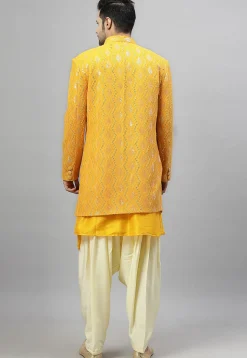 Embroidered Georgette Sherwani in Mustard