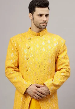 Embroidered Georgette Sherwani in Mustard
