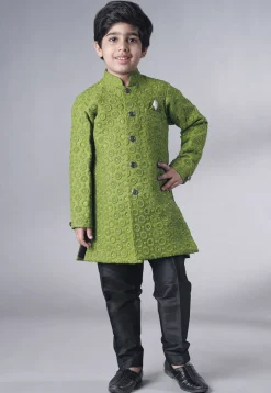 Embroidered Georgette Sherwani Set in Olive Green