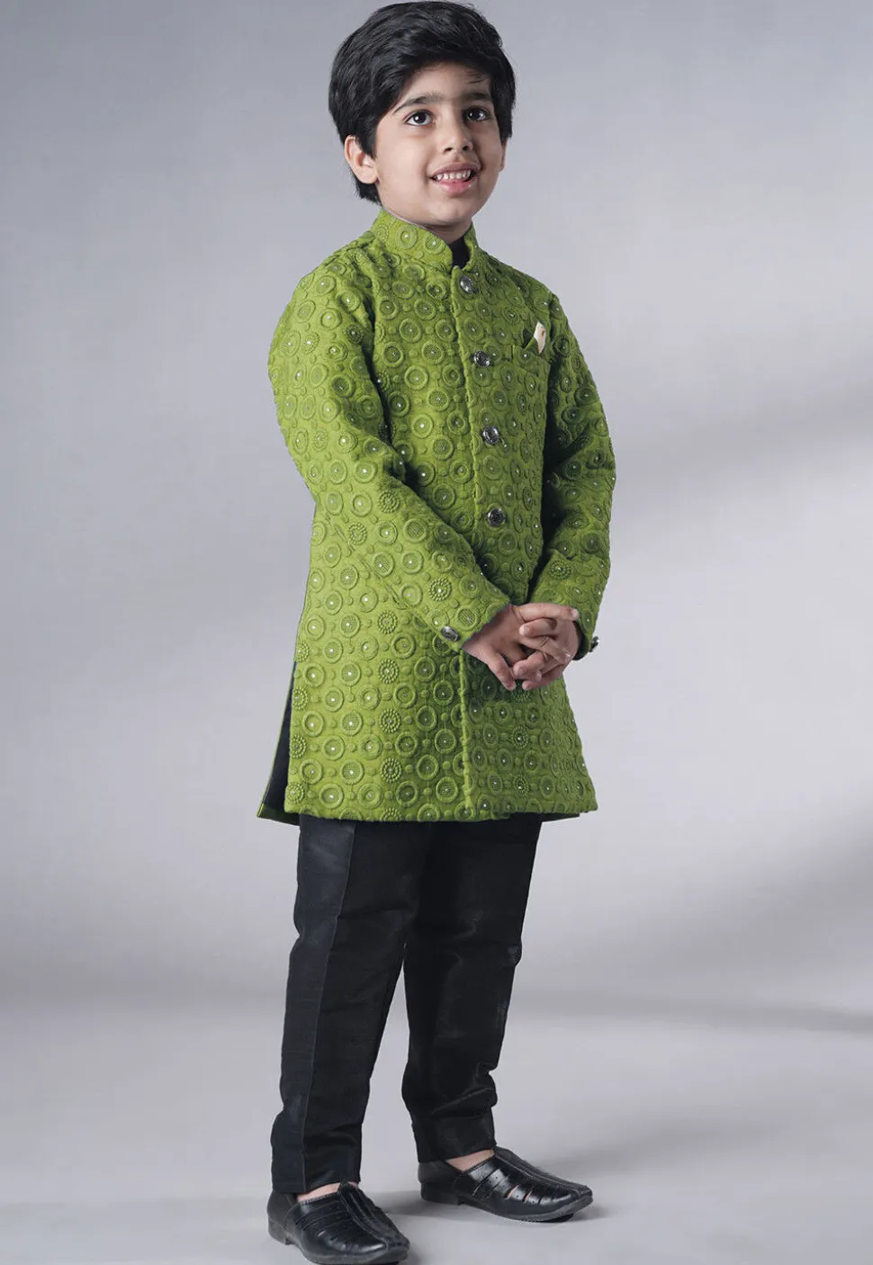 Embroidered Georgette Sherwani Set in Olive Green