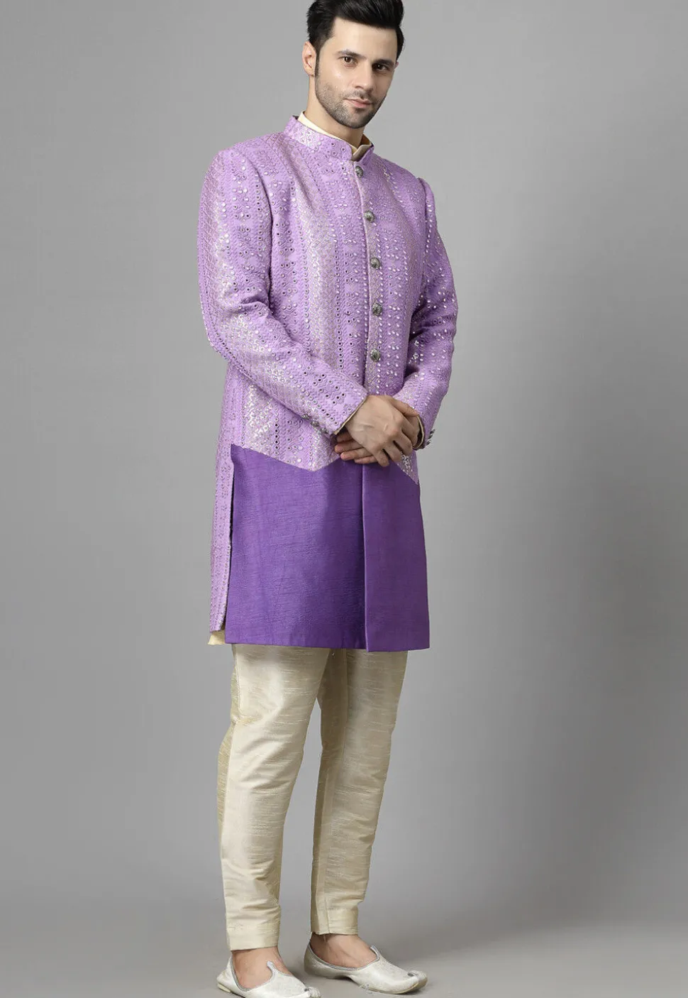 Embroidered Georgette Sherwani in Light Purple