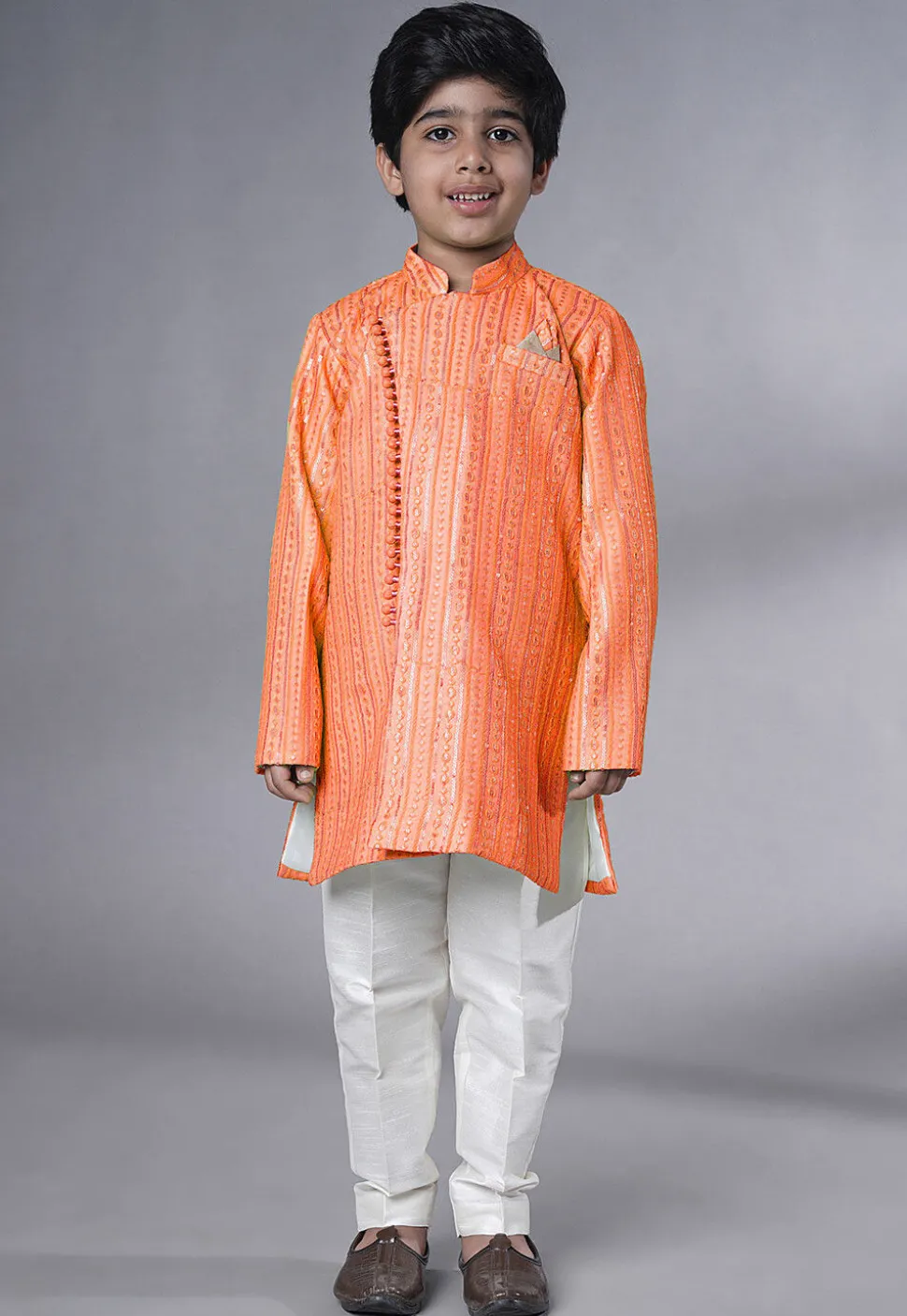 Embroidered Georgette Sherwani in Peach