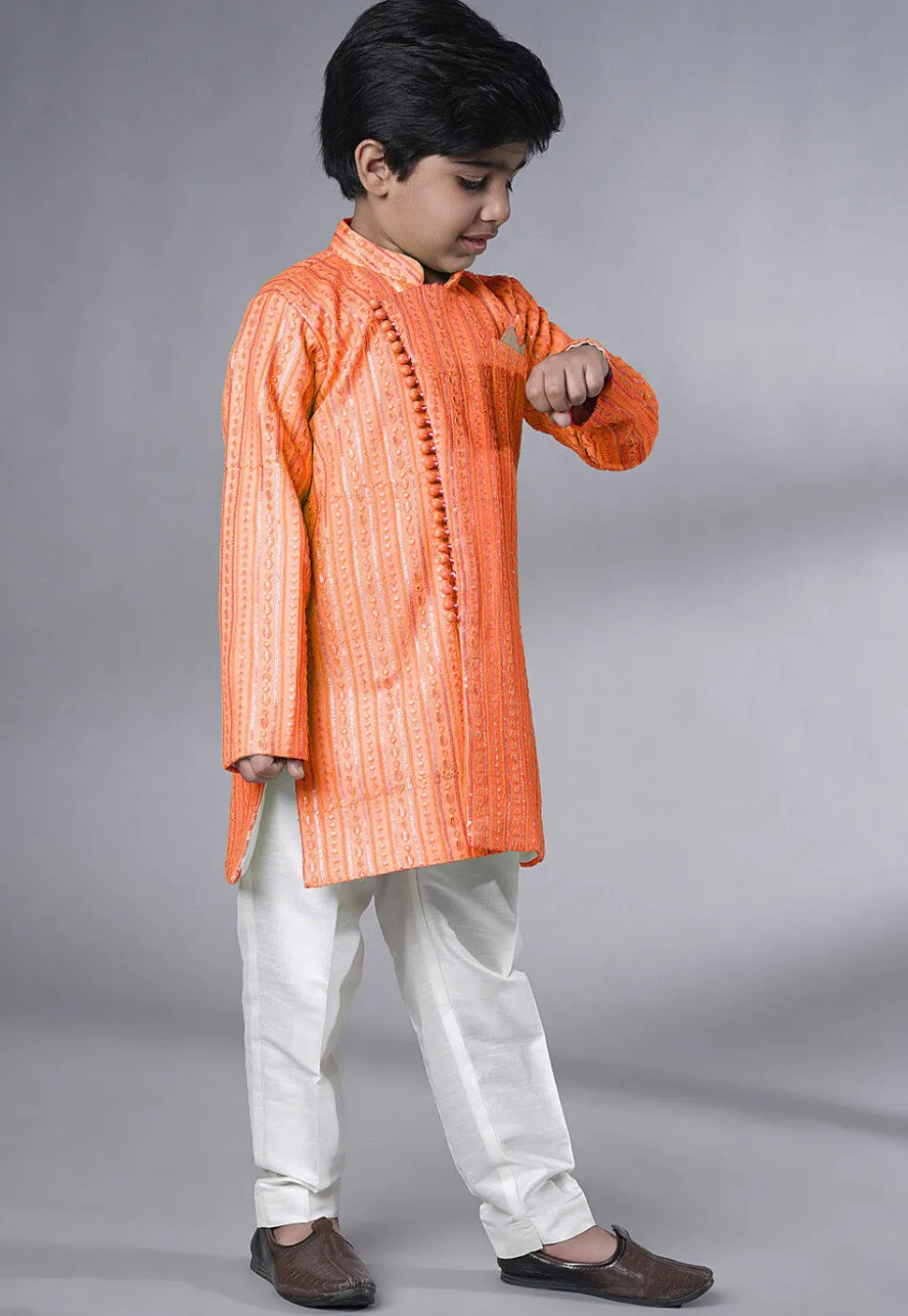 Embroidered Georgette Sherwani in Peach