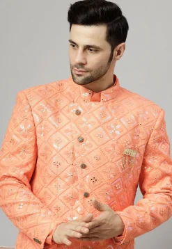 Embroidered Georgette Sherwani in Peach