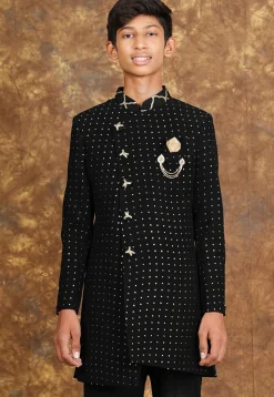 Embroidered Georgette Sherwani in Black
