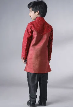 Embroidered Georgette Sherwani Set in Coral Red