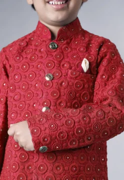 Embroidered Georgette Sherwani Set in Coral Red