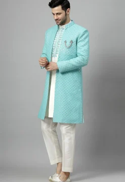 Embroidered Georgette Sherwani in Sky Blue and Off White