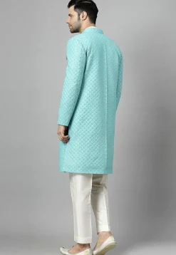 Embroidered Georgette Sherwani in Sky Blue and Off White