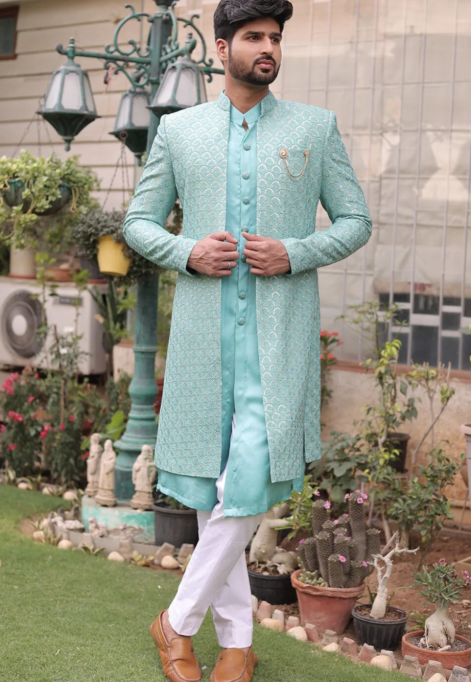 Embroidered Georgette Sherwani in Sea Green