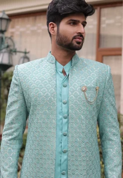 Embroidered Georgette Sherwani in Sea Green