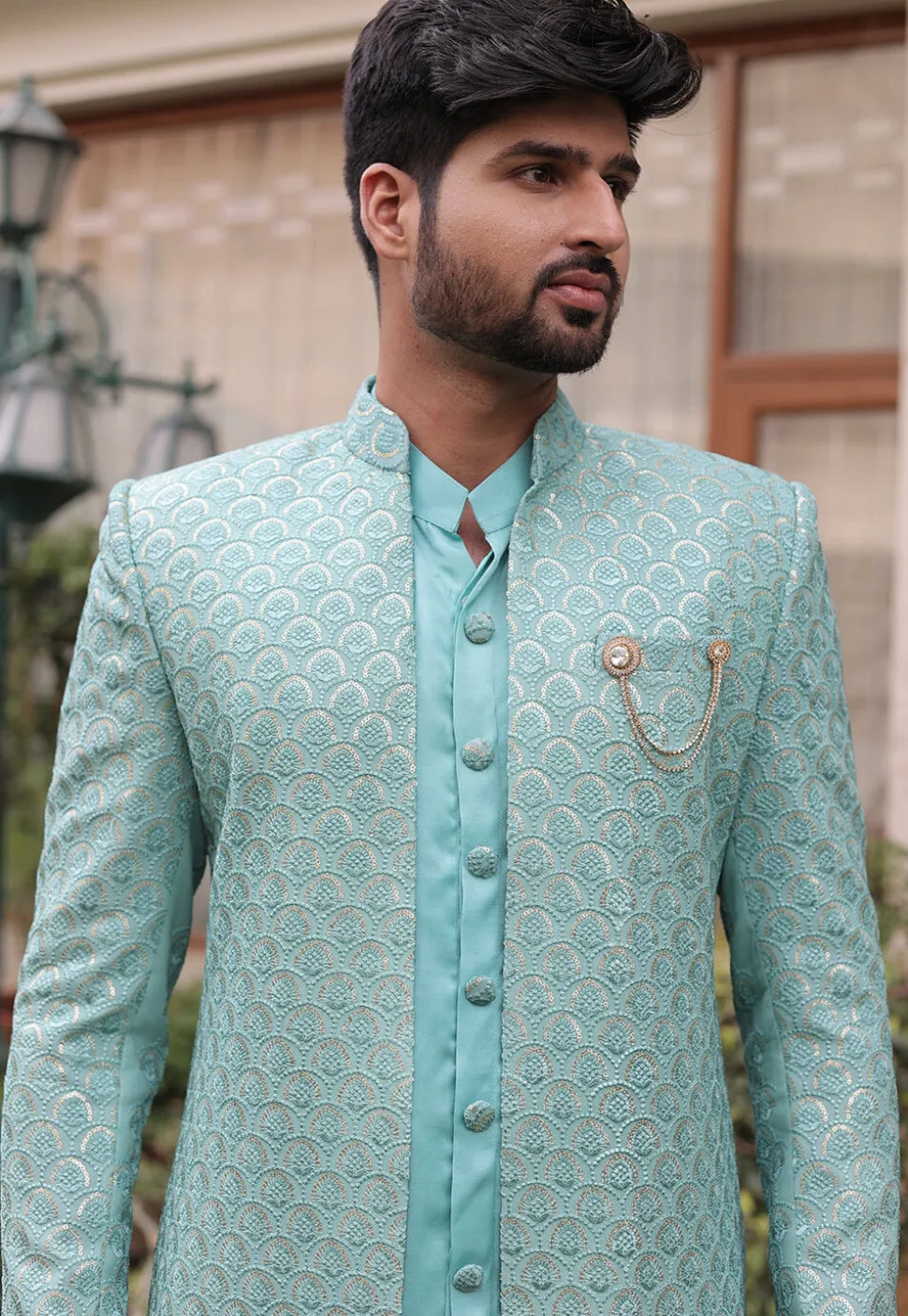 Embroidered Georgette Sherwani in Sea Green