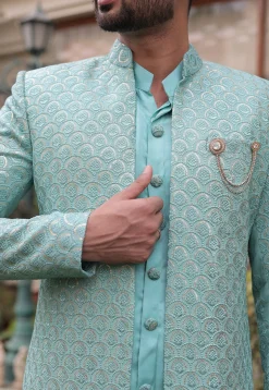 Embroidered Georgette Sherwani in Sea Green