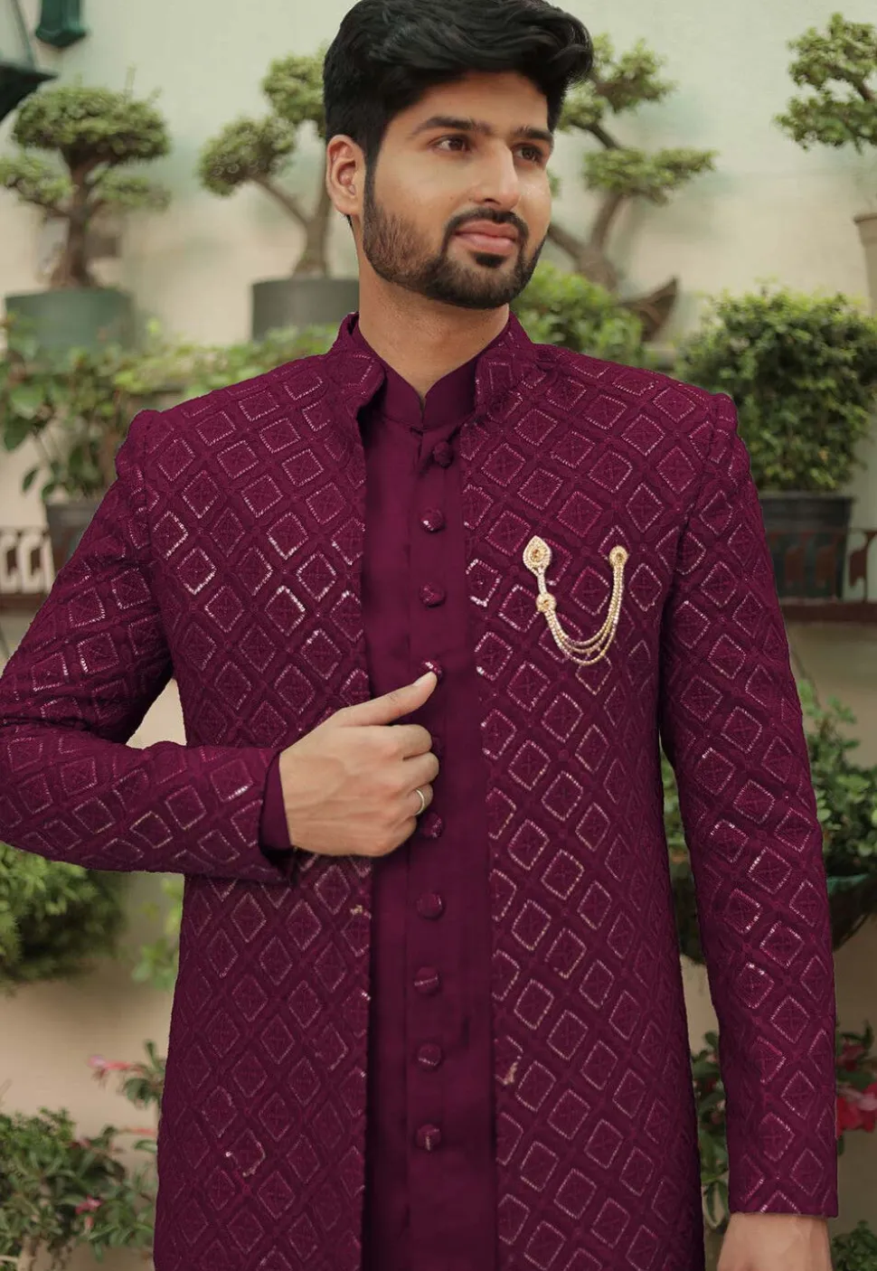 Embroidered Georgette Sherwani in Wine