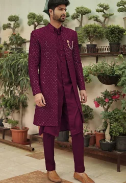 Embroidered Georgette Sherwani in Wine