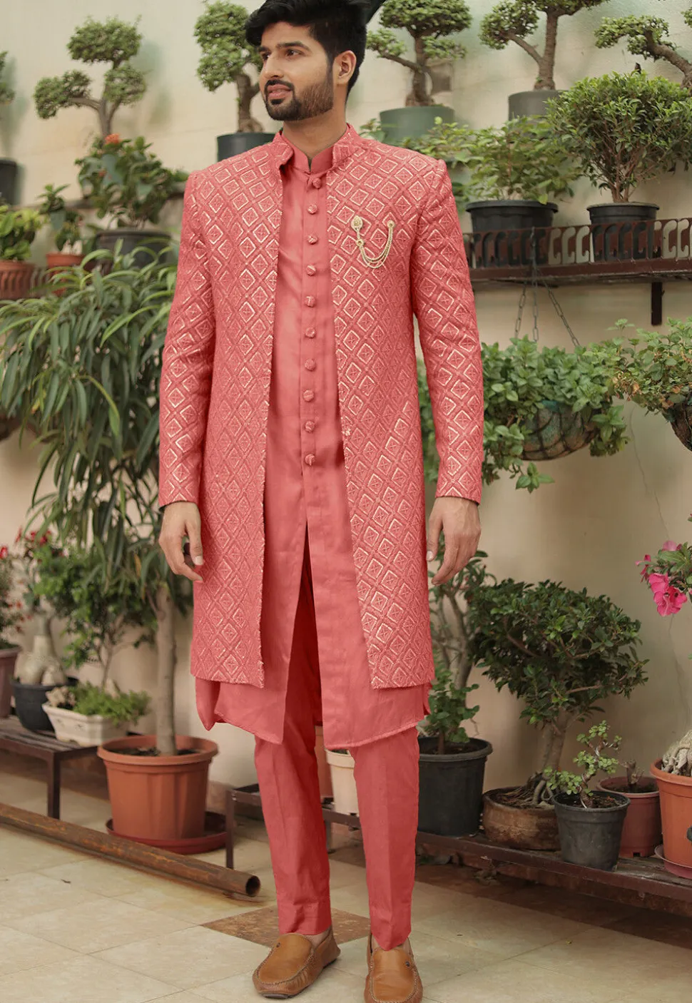 Embroidered Georgette Sherwani in Dark Peach