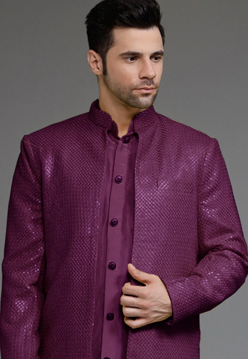 Embroidered Georgette Sherwani in Wine