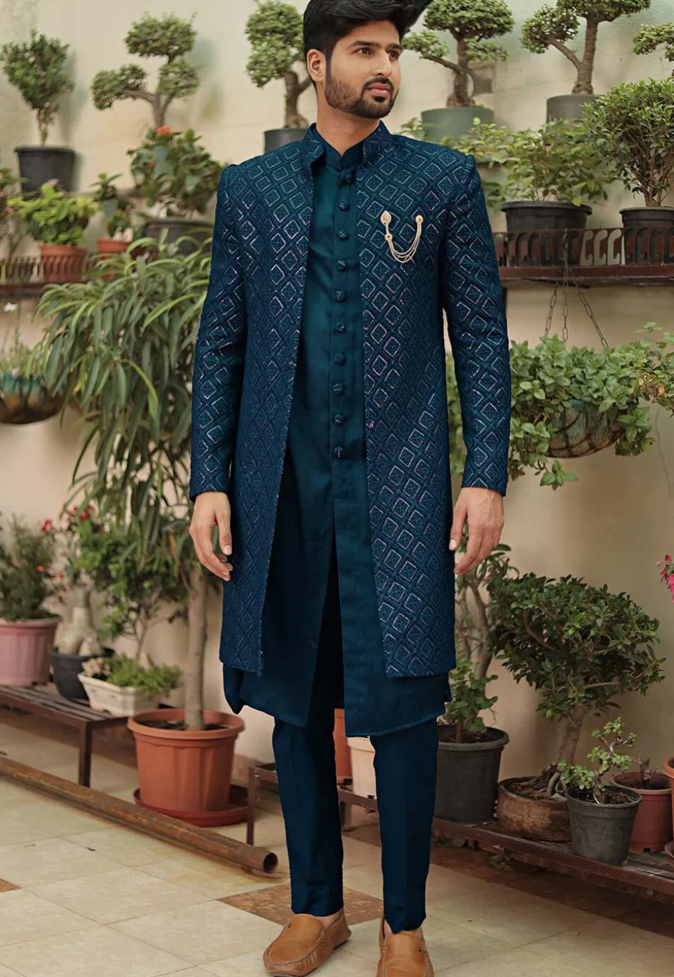 Embroidered Georgette Sherwani in Teal Blue