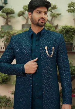 Embroidered Georgette Sherwani in Teal Blue