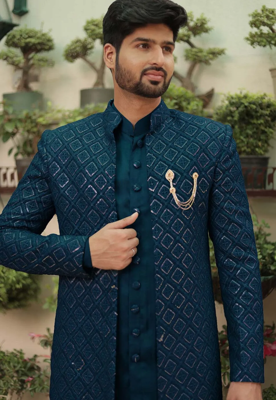 Embroidered Georgette Sherwani in Teal Blue