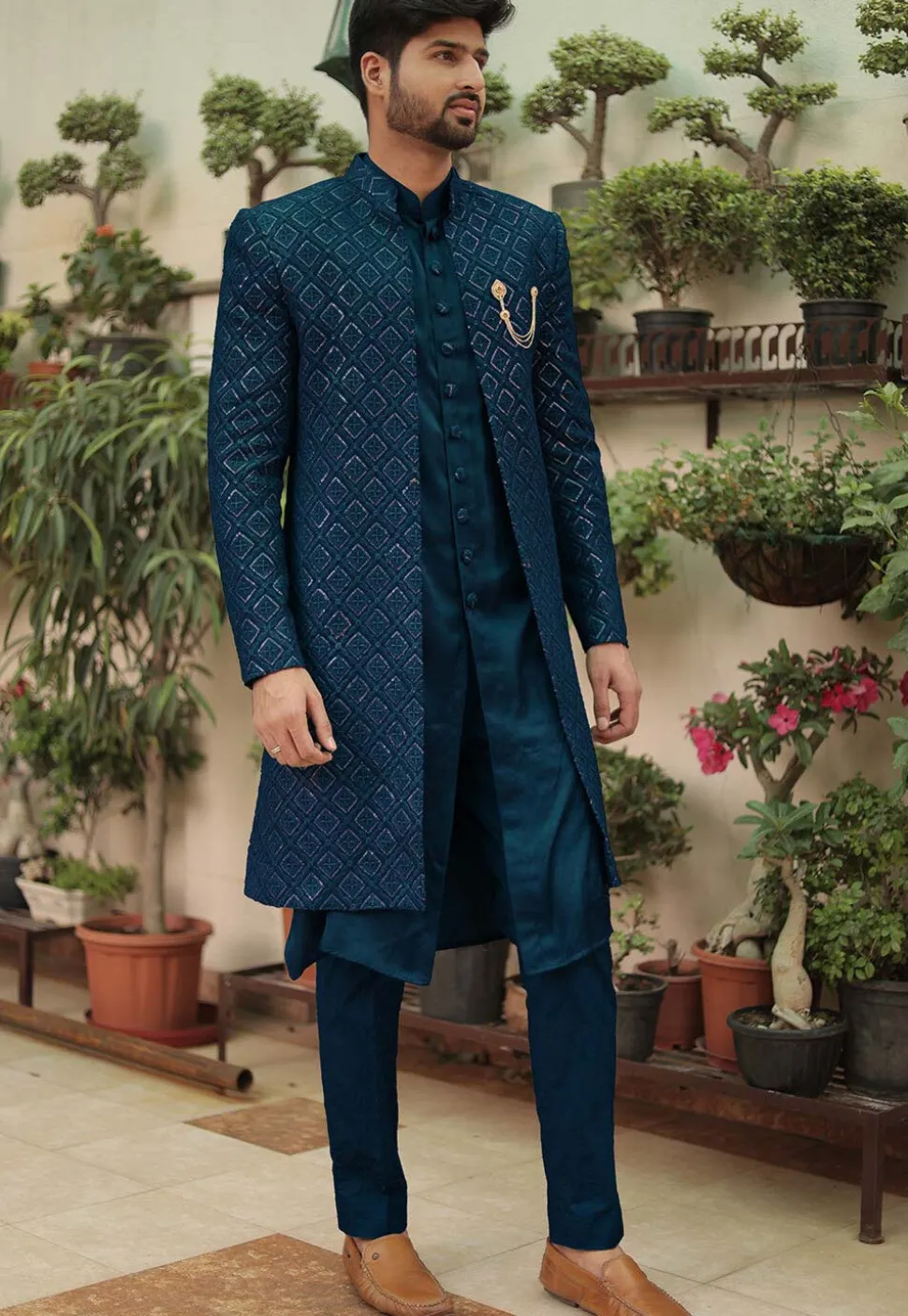 Embroidered Georgette Sherwani in Teal Blue