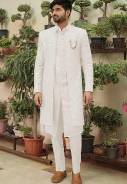 Embroidered Georgette Sherwani in White