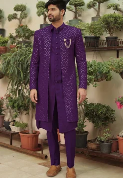Embroidered Georgette Sherwani in Purple