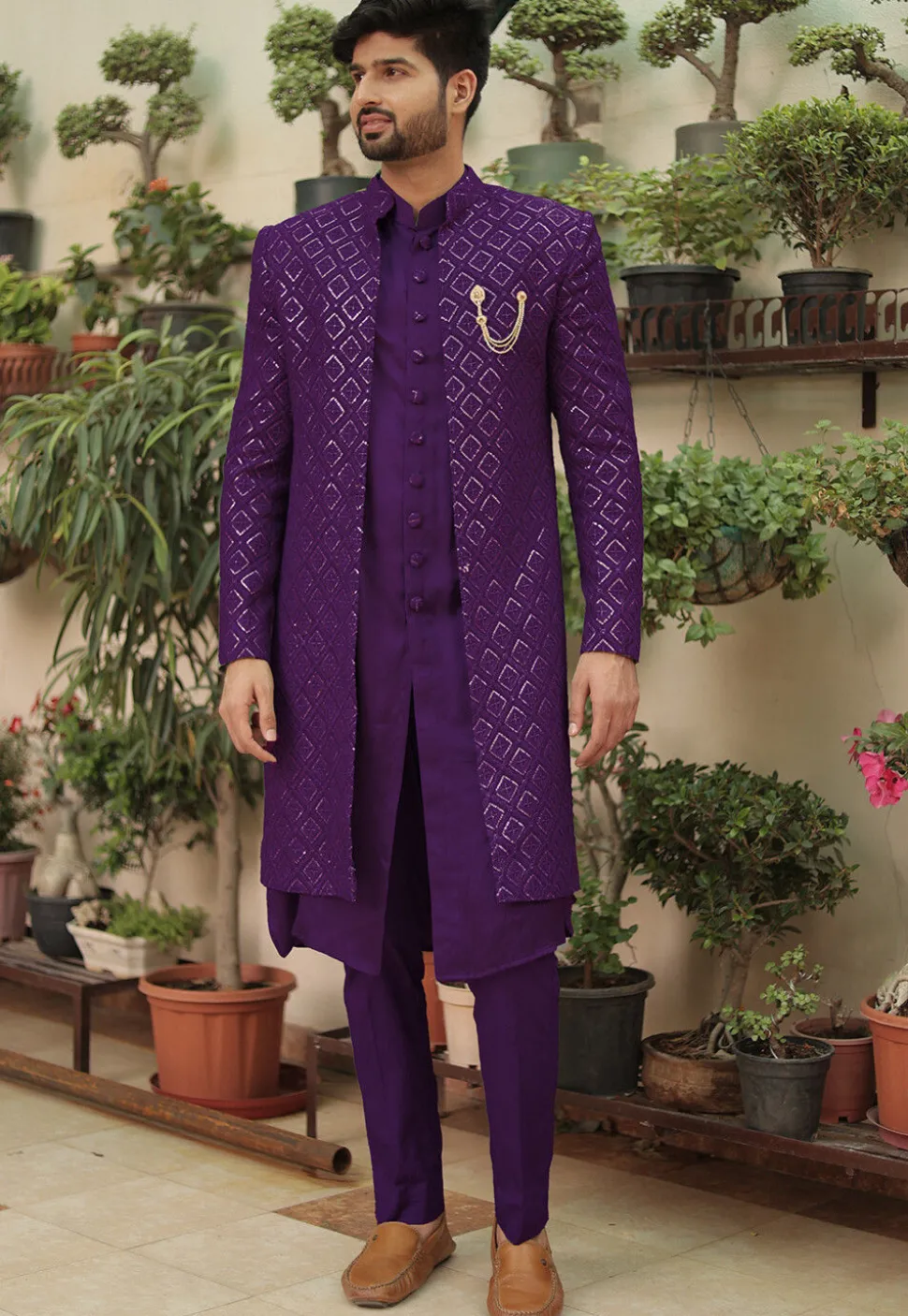 Embroidered Georgette Sherwani in Purple