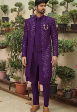 Embroidered Georgette Sherwani in Purple