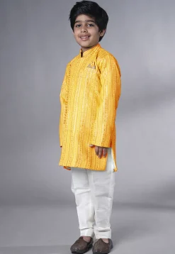 Embroidered Georgette Sherwani in Yellow