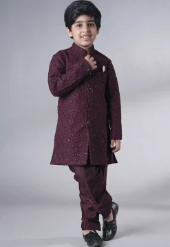 Embroidered Georgette Sherwani Set in Wine