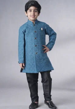 Embroidered Georgette Sherwani Set in Teal Blue