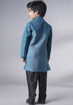 Embroidered Georgette Sherwani Set in Teal Blue